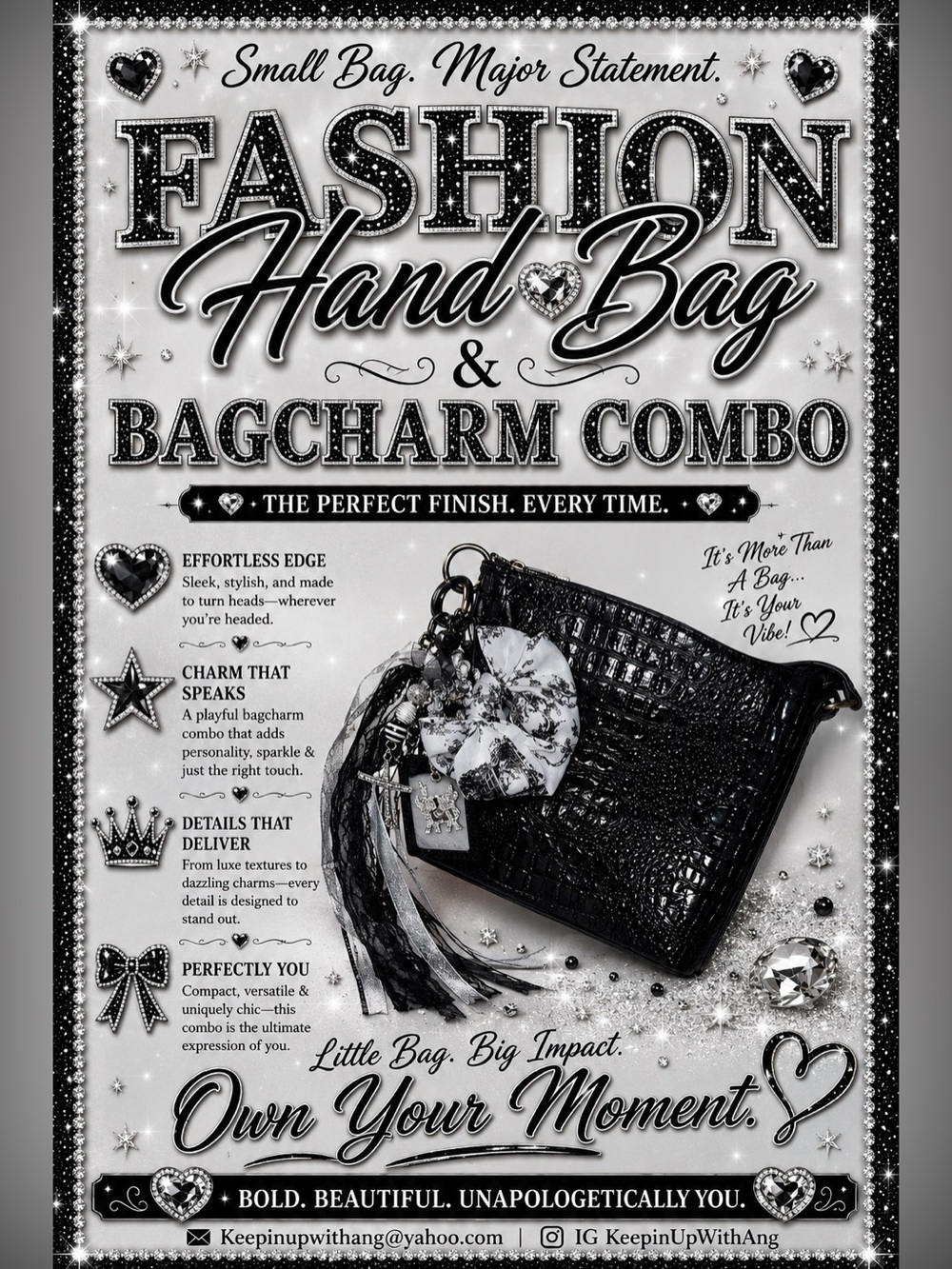 Black Croc-Effect Handbag with Bag Charm Combo